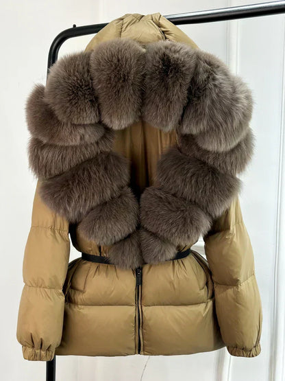 Warm Women's Parka Jacket with Genuine Fur Hood