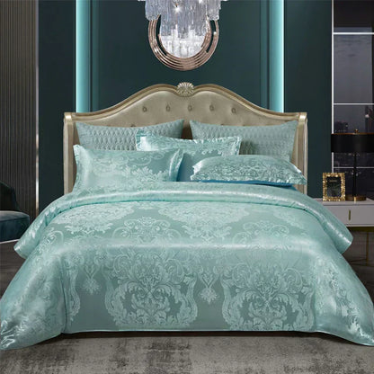 Luxury Gold Blue Satin Duvet Cover Set King Size
