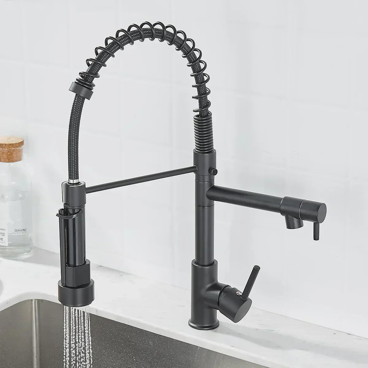Dual Handle Kitchen Faucet In Black And Gold Finish