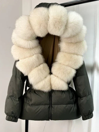 Warm Women's Parka Jacket with Genuine Fur Hood