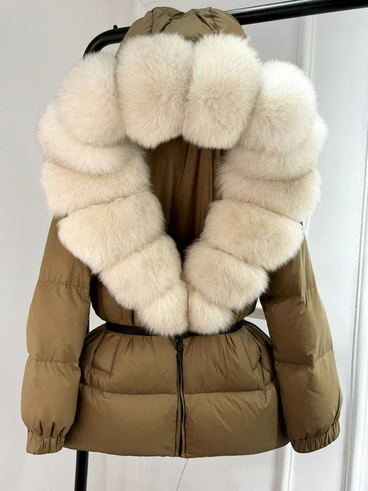 Warm Women's Parka Jacket with Genuine Fur Hood