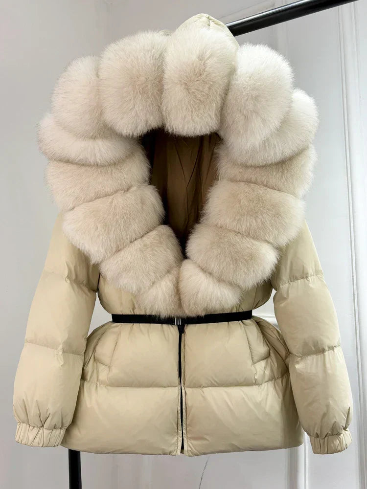 Warm Women's Parka Jacket with Genuine Fur Hood