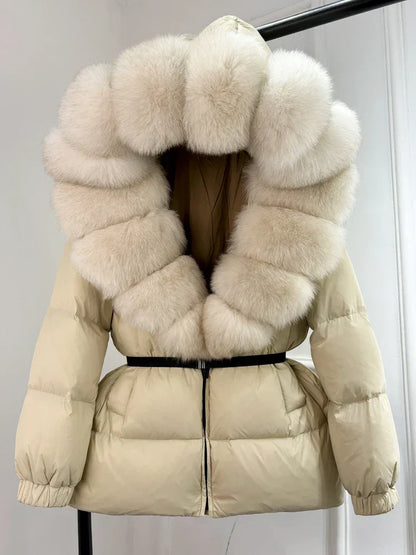 Warm Women's Parka Jacket with Genuine Fur Hood