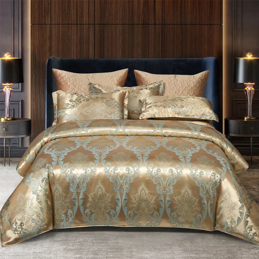 Luxury Gold Blue Satin Duvet Cover Set King Size