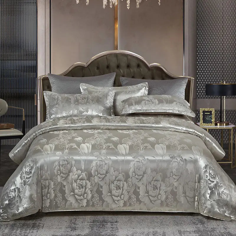 Luxury Gold Blue Satin Duvet Cover Set King Size