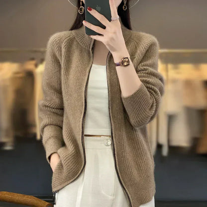 Soft 100% Wool Zip Up Women's Cardigan Sweater