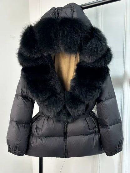 Warm Women's Parka Jacket with Genuine Fur Hood