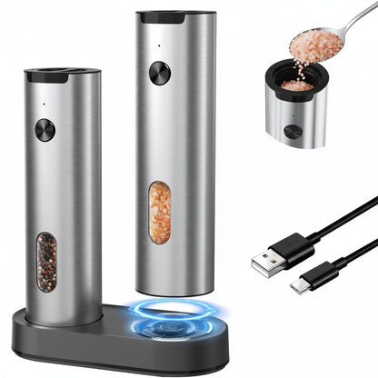 Automatic Salt Pepper Mill Set Rechargeable USB Base