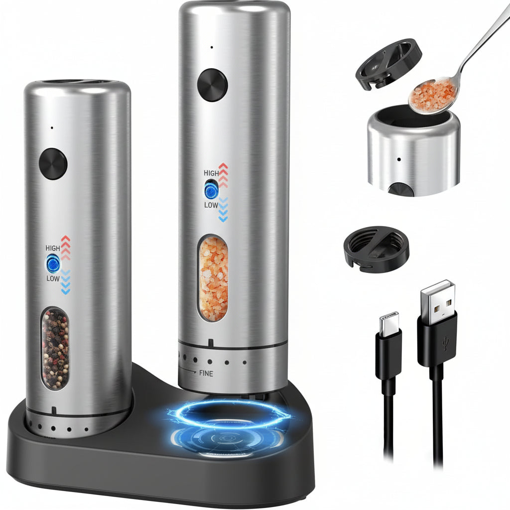 Automatic Salt Pepper Mill Set Rechargeable USB Base