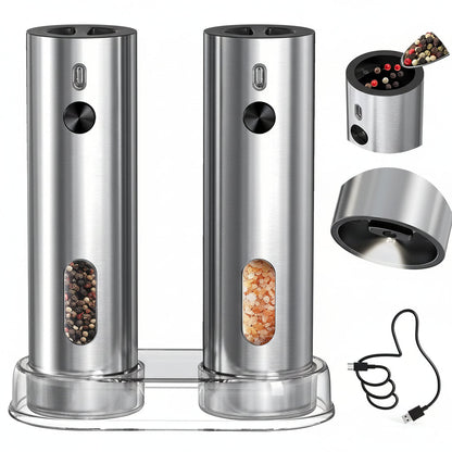 Automatic Salt Pepper Mill Set Rechargeable USB Base
