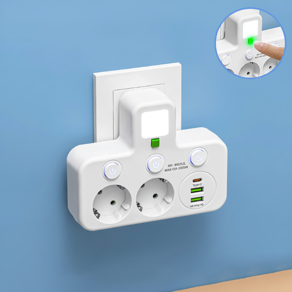 Compact USB Wall Outlet with Nightlight and Separate Switches - Lusomart