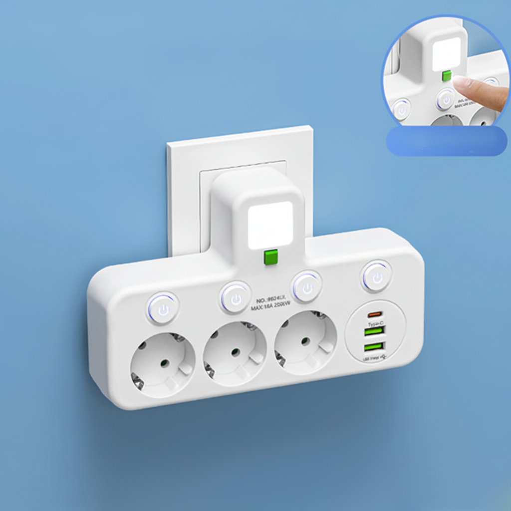 Compact USB Wall Outlet with Nightlight and Separate Switches