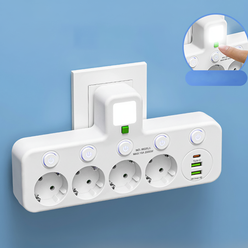 Compact USB Wall Outlet with Nightlight and Separate Switches
