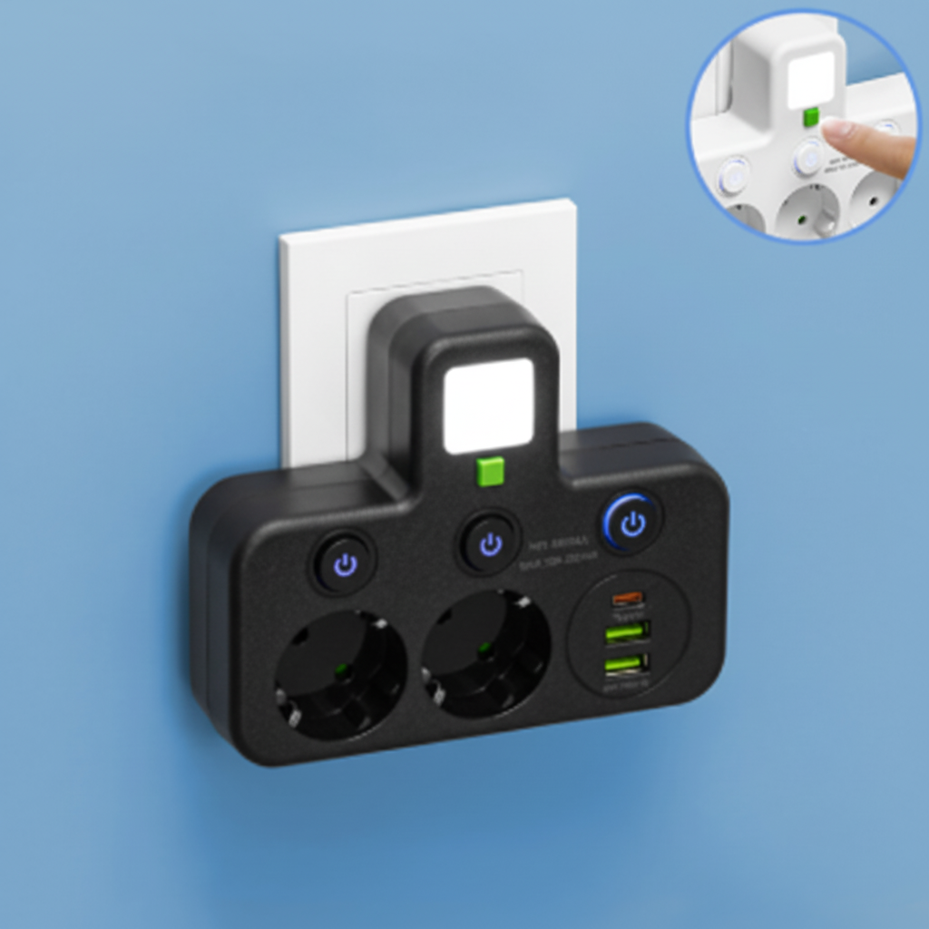 Compact USB Wall Outlet with Nightlight and Separate Switches