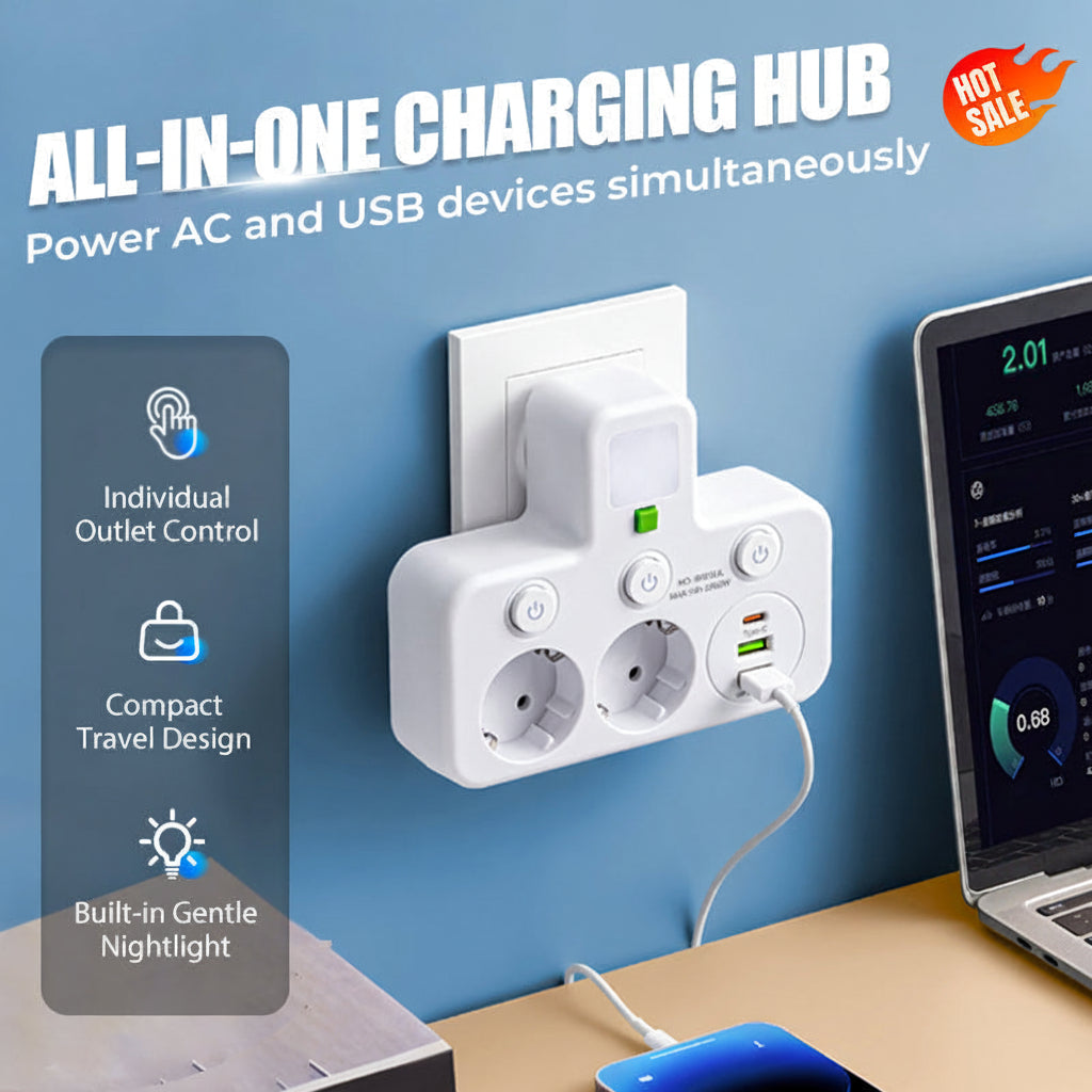 Compact USB Wall Outlet with Nightlight and Separate Switches
