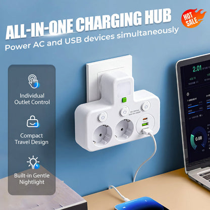 Compact USB Wall Outlet with Nightlight and Separate Switches