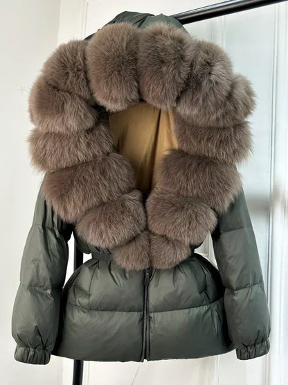 Warm Women's Parka Jacket with Genuine Fur Hood