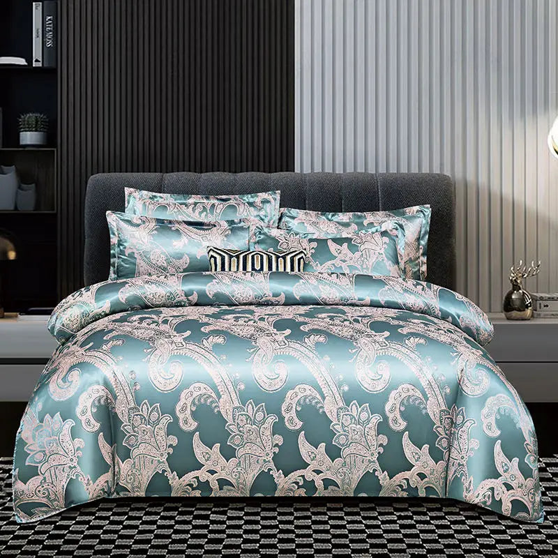 Luxury Gold Blue Satin Duvet Cover Set King Size