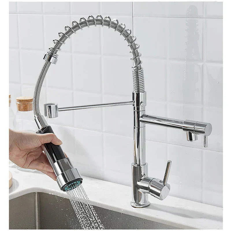 Dual Handle Kitchen Faucet In Black And Gold Finish