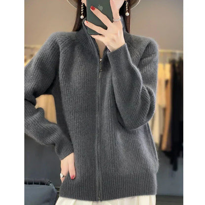Soft 100% Wool Zip Up Women's Cardigan Sweater