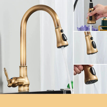Classic Brass Kitchen Faucet With Adjustable Spout And Dark Finish