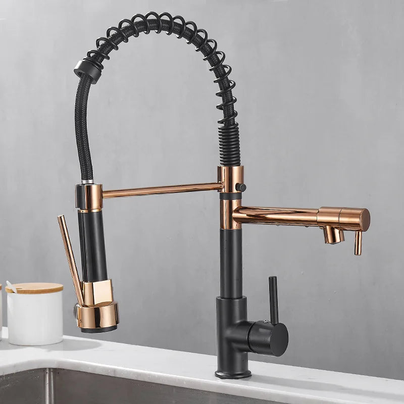 Dual Handle Kitchen Faucet In Black And Gold Finish