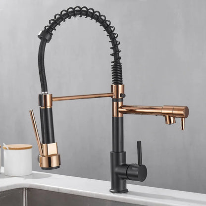 Dual Handle Kitchen Faucet In Black And Gold Finish