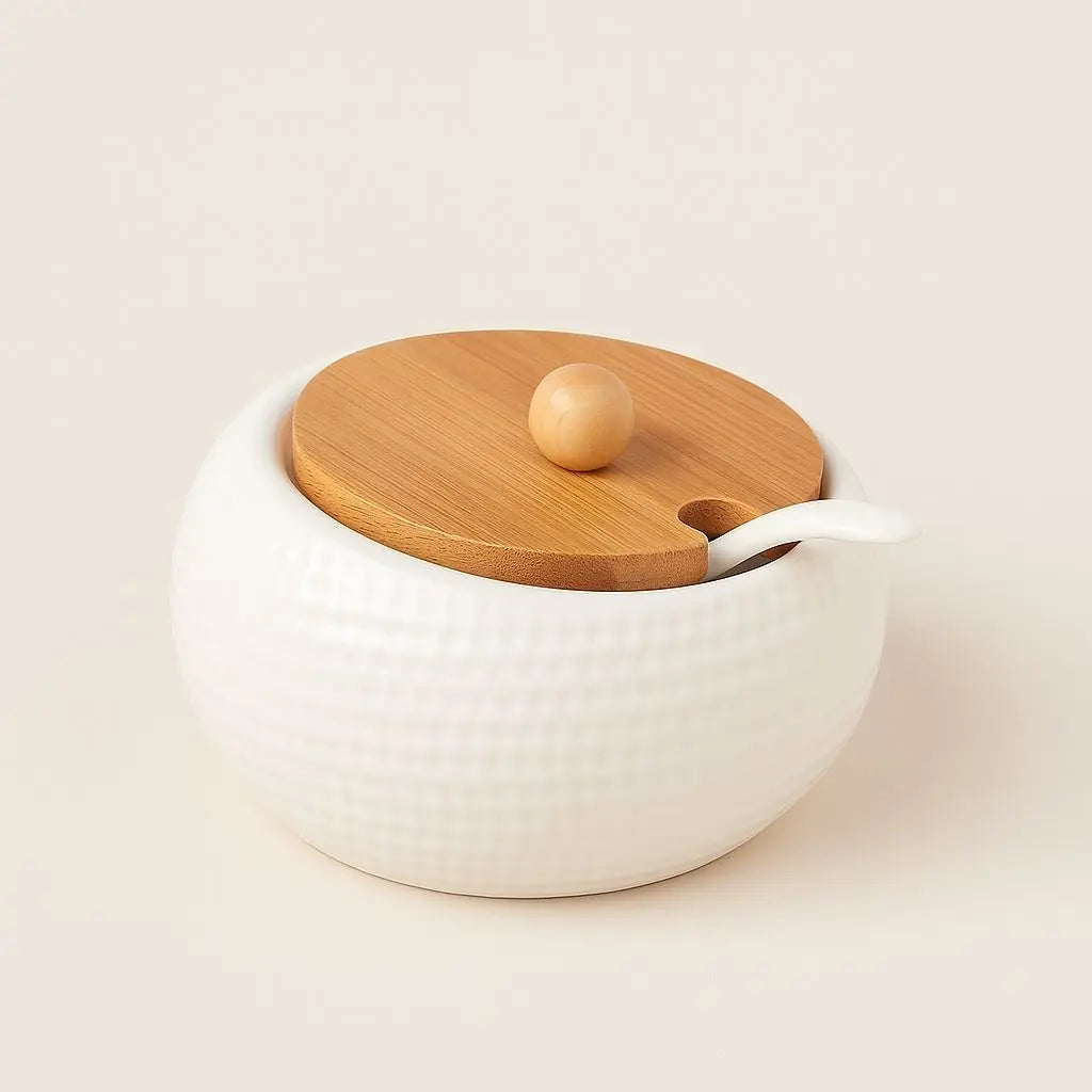 Elegant Ceramic Spice Jar with Wooden Lid and Spoon - Lusomart