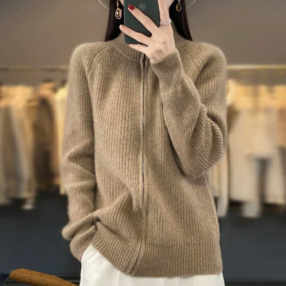 Soft 100% Wool Zip Up Women's Cardigan Sweater