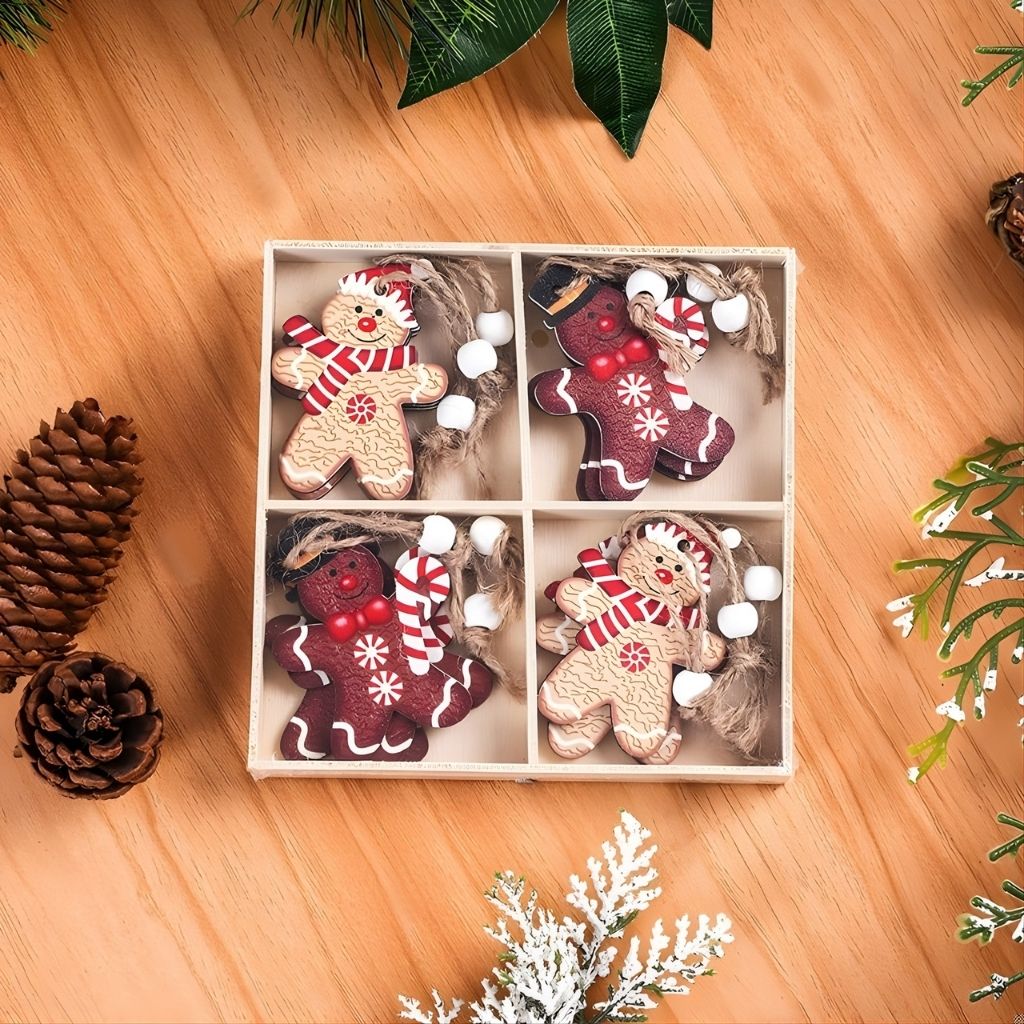 et of wooden gingerbread character ornaments with bright painted details and hanging strings