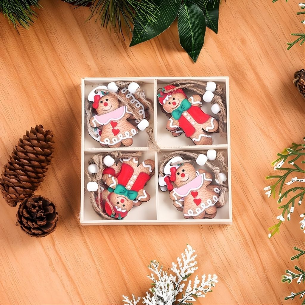Wooden gingerbread figures with colorful painted accents displayed in organized rows