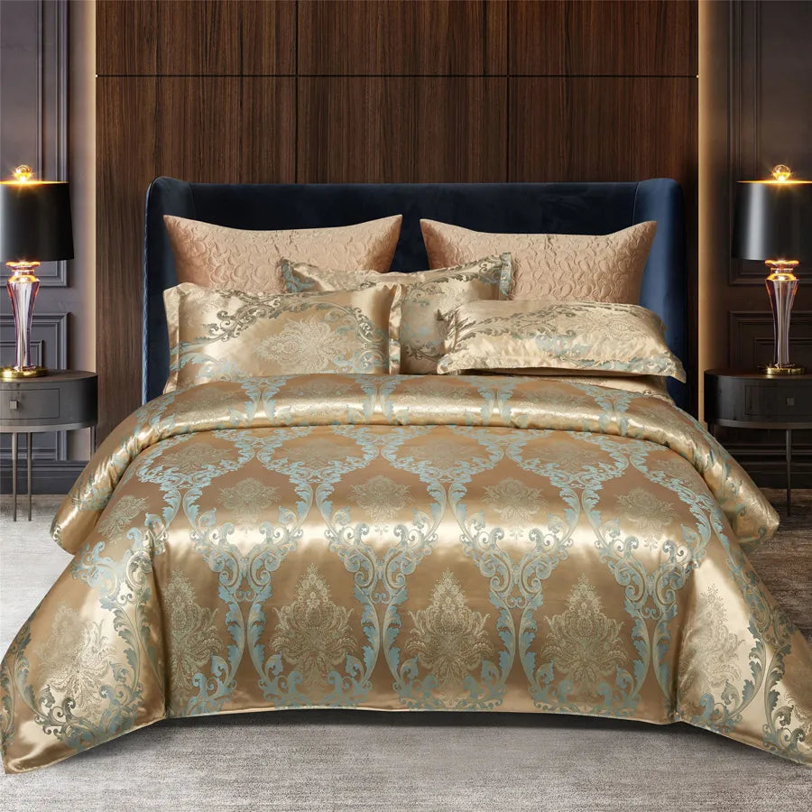 Luxury Gold Blue Satin Duvet Cover Set King Size - Lusomart