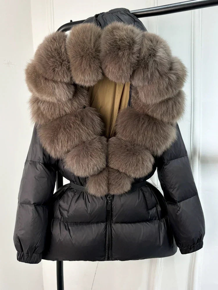 Warm Women's Parka Jacket with Genuine Fur Hood