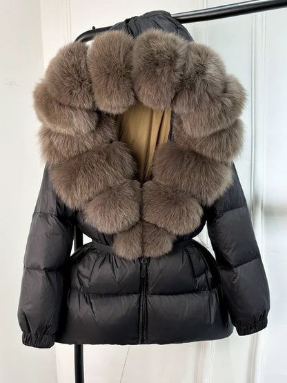 Warm Women's Parka Jacket with Genuine Fur Hood