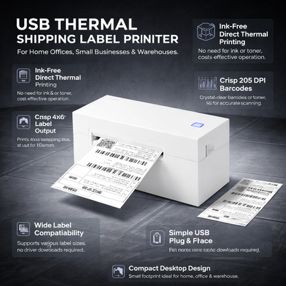 Compact USB Thermal Label Barcode Printer 4x6
