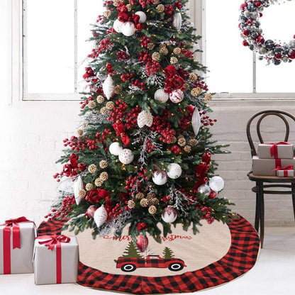 Round buffalo check tree skirt in red and black with farmhouse truck and evergreen design