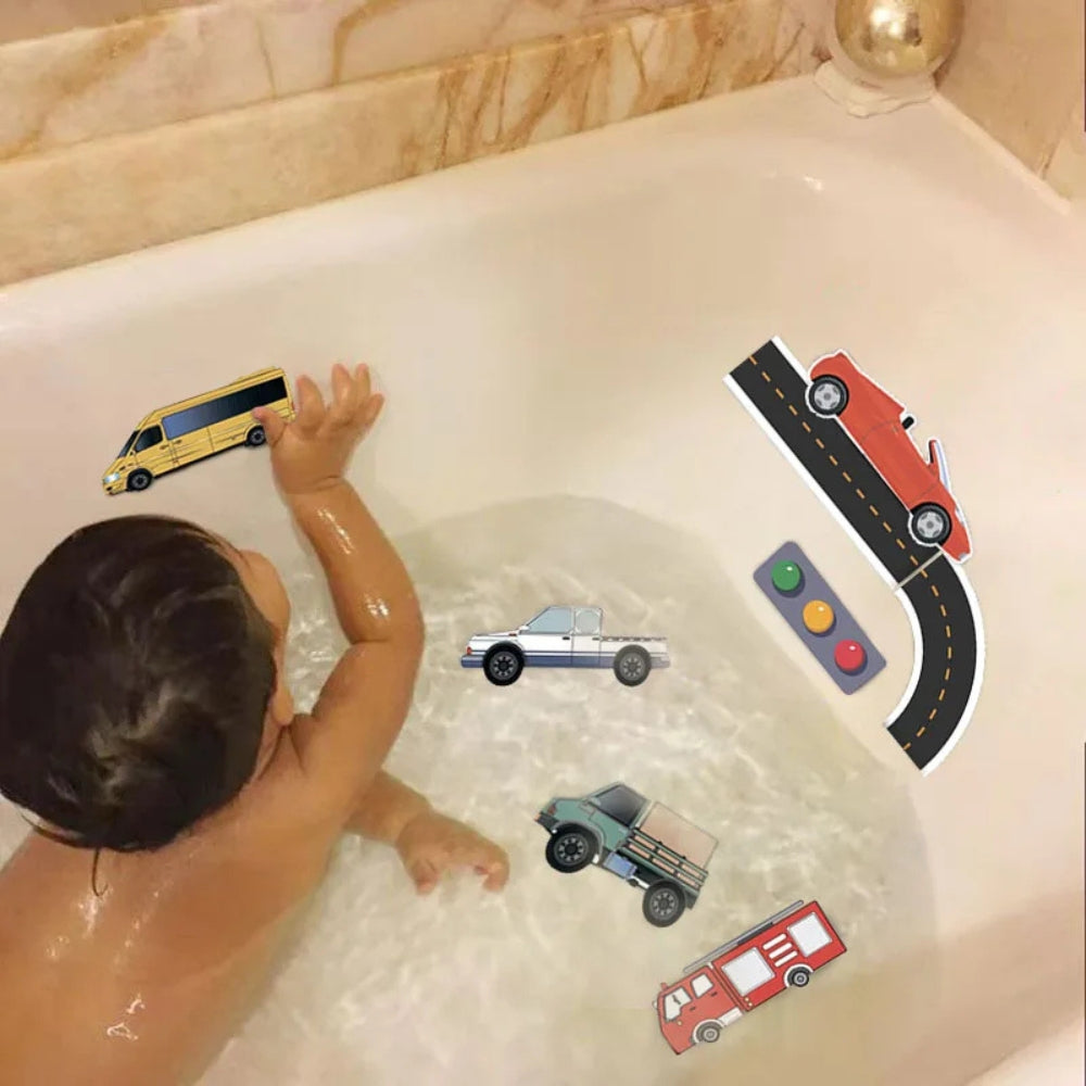 SoapyDrive - Bath car track set with self-adhesive foam roads and imaginative water play design 2