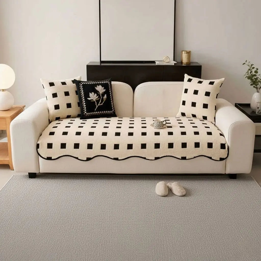  Plush geometric sofa cover with non-slip backing for modern living room furniture protection