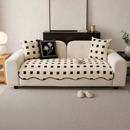  Plush geometric sofa cover with non-slip backing for modern living room furniture protection