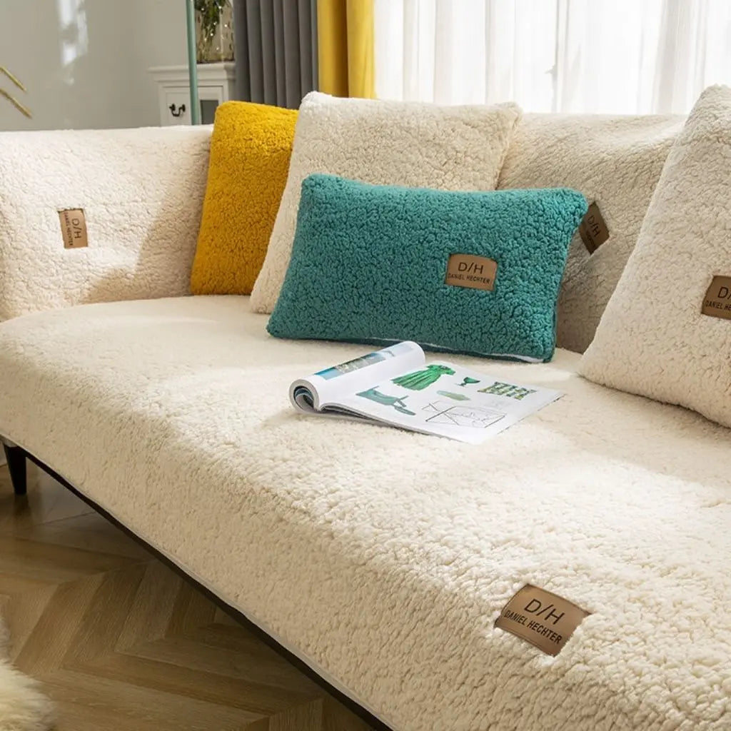 Lamb wool sofa cover with anti-slip backing crafted from viscose fiber for cozy living room comfort