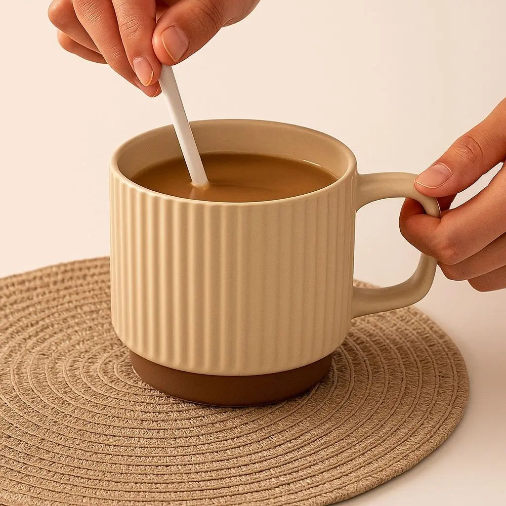 Textured ceramic mug featuring handcrafted striped pattern with rustic natural base for tea and coffee

