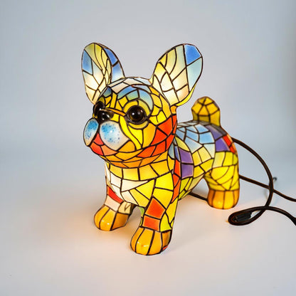 Colorful Dog Figurine Desk Lamp with Stained Glass Shade