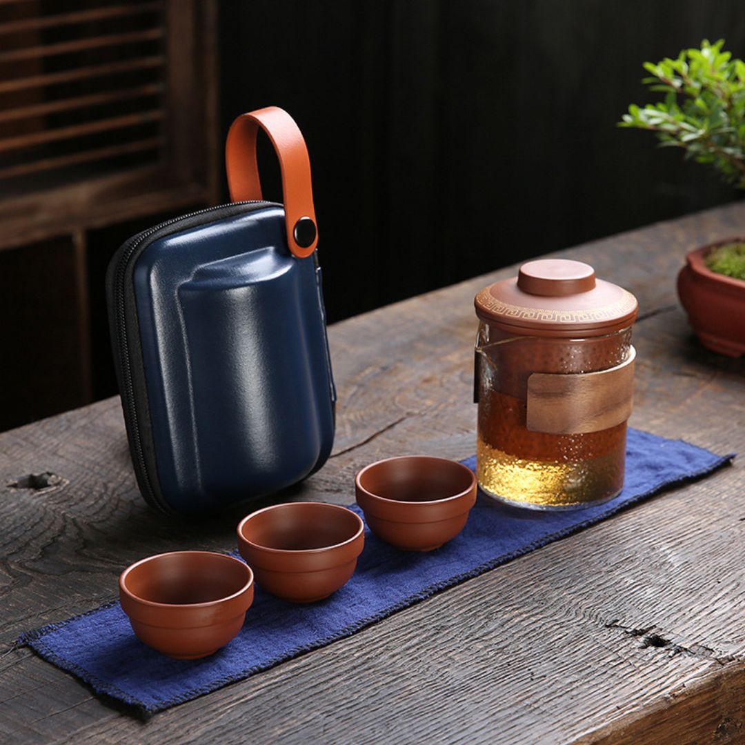 Ceramic tea cups in purple sand finish arranged for traditional tea ceremony service