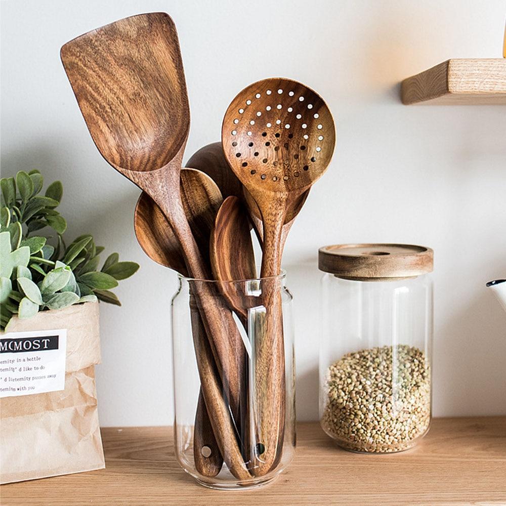 Soft Touch Wood Kitchen Utensil Set for Nonstick Cookware - Lusomart
