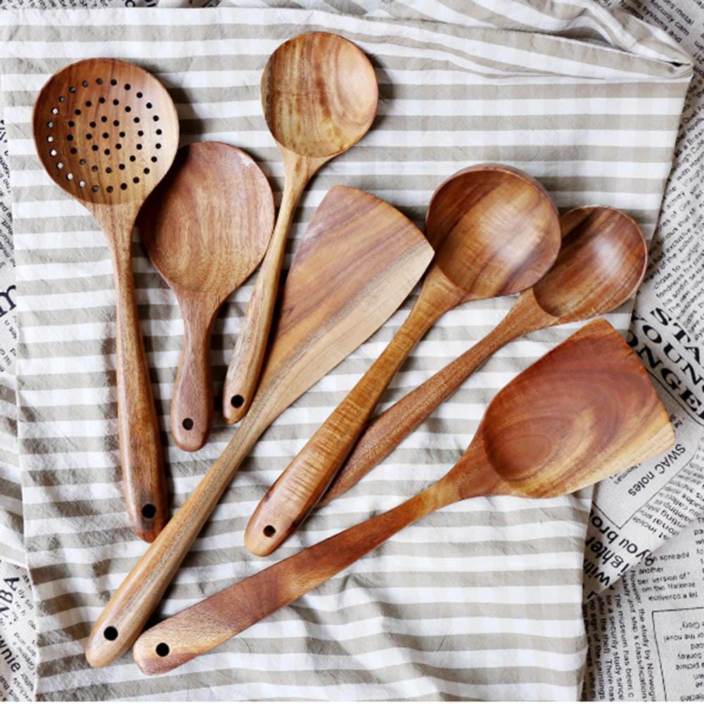 Soft Touch Wood Kitchen Utensil Set for Nonstick Cookware