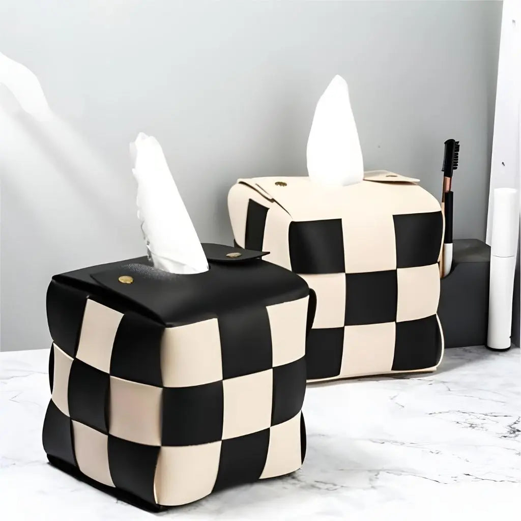 Structured leather tissue dispenser with snap button opening for bedside and home decor styling