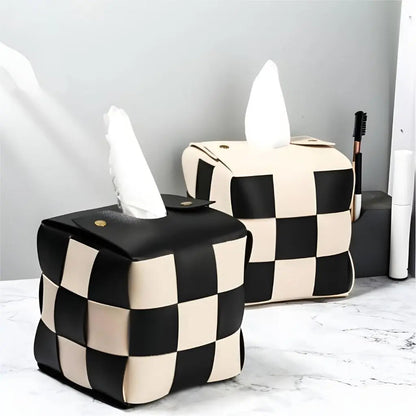 Structured leather tissue dispenser with snap button opening for bedside and home decor styling