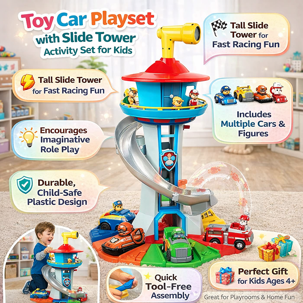 Fun Kids Play Tower Slide Car Adventure Playset