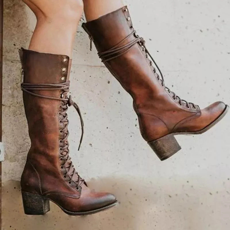 Trendy Black Knee High Boots for Women – Stylish PU Leather Long Boots with Chunky Heel & Laces 1