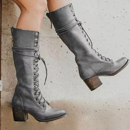 Trendy Black Knee High Boots for Women – Stylish PU Leather Long Boots with Chunky Heel & Laces 2
